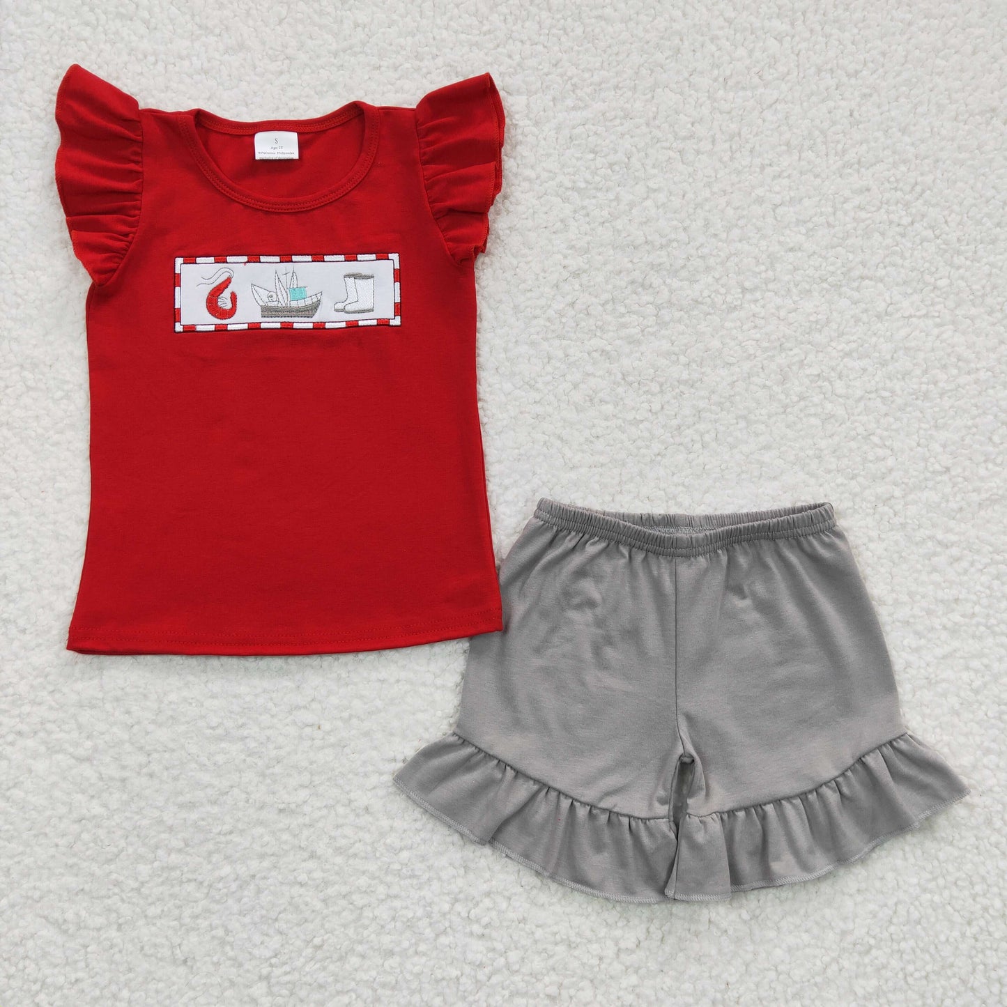 Girls steamship print embroidery summer outfits GSSO0161