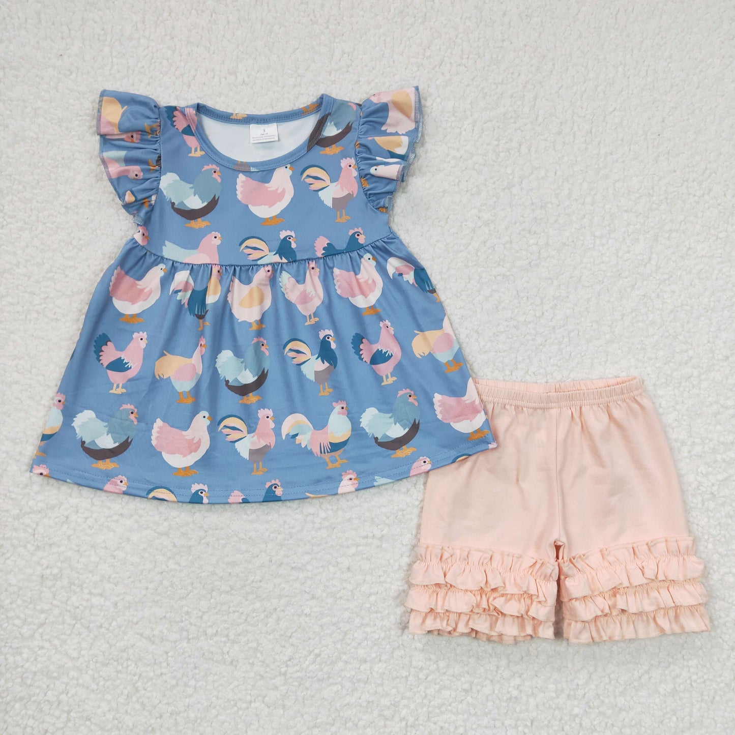 Girls flutter sleeves chicken print summer outfit GSSO0168