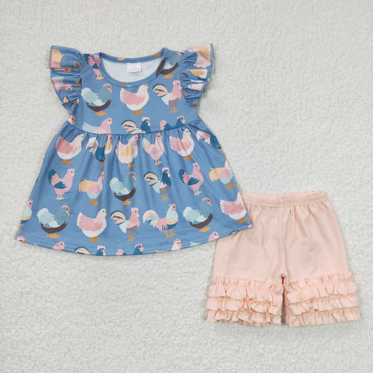 Girls flutter sleeves chicken print summer outfit GSSO0168