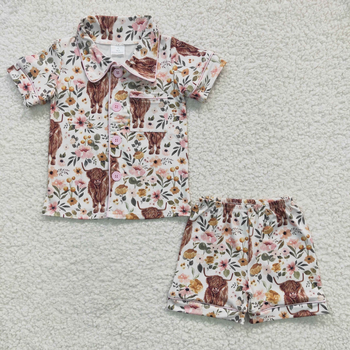 Girls highland cow flowers print summer pajamas GSSO0176