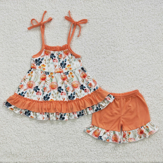 (Promotion)Girls orange floral print summer outfits  GSSO0194