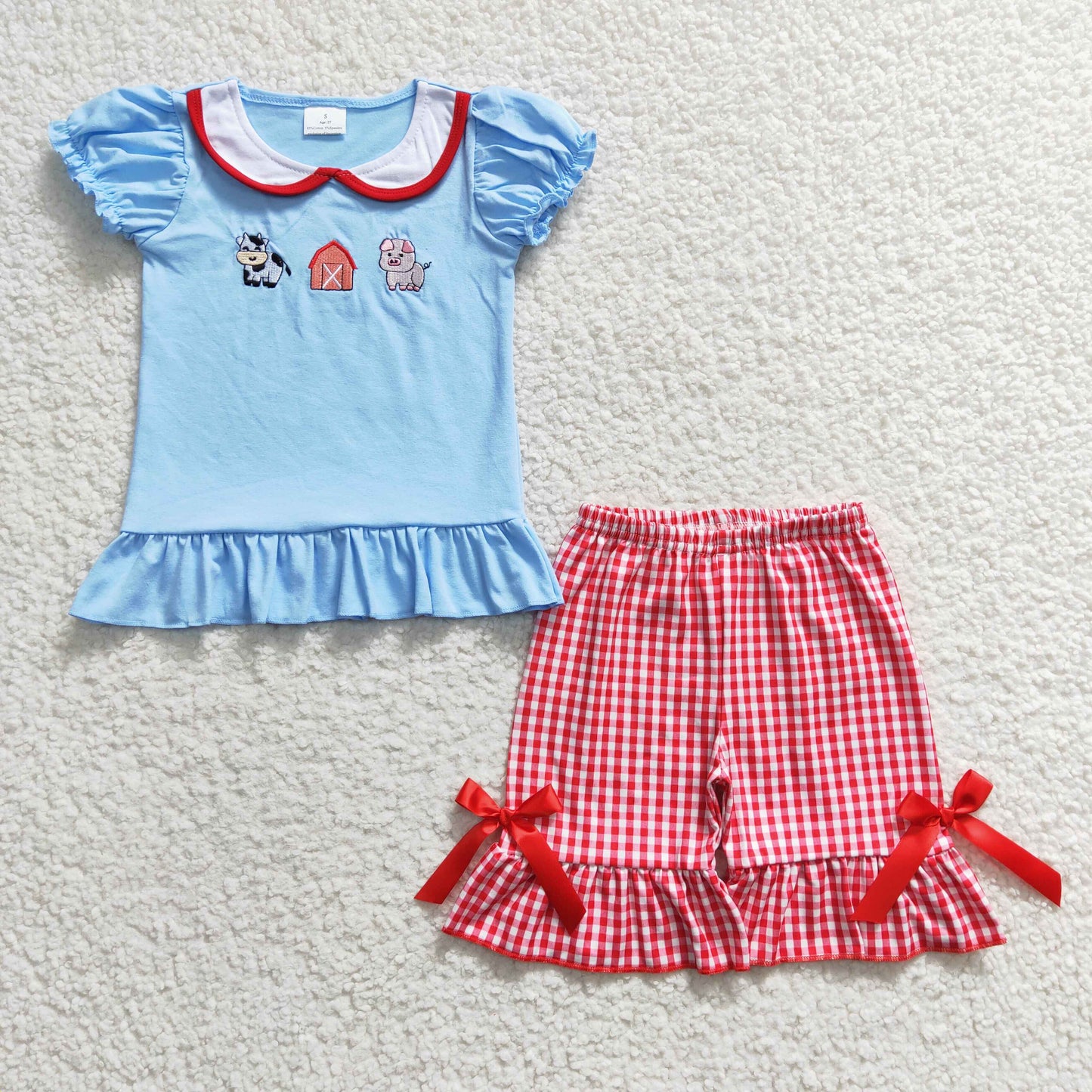 Farm Animals Embroidery Blue Top Plaid Shorts Sibling Summer Matching Clothes
