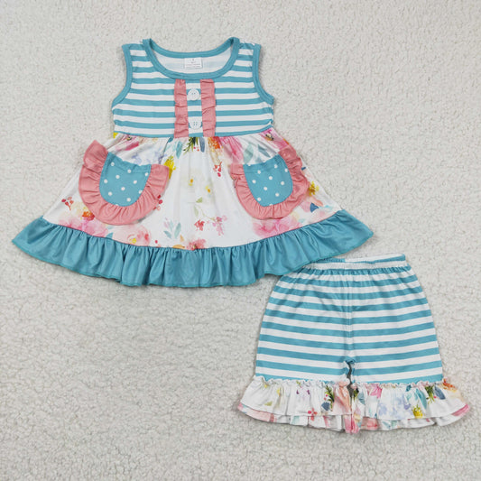 (Promotion)Girls sleeveless blue floral print summer outfits GSSO0240