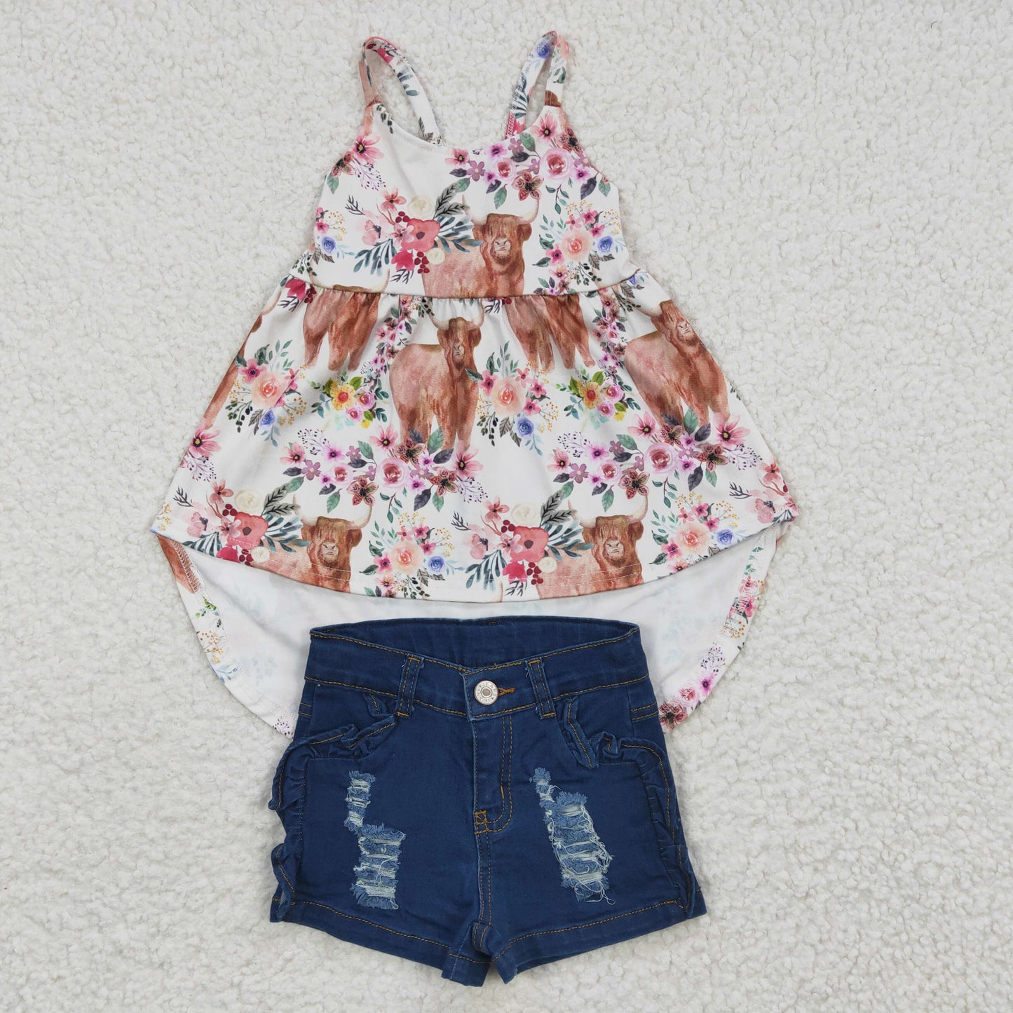 Girls highland cow floral high low spaghetti strap top navy denim ruffles shorts outfits GSSO0263