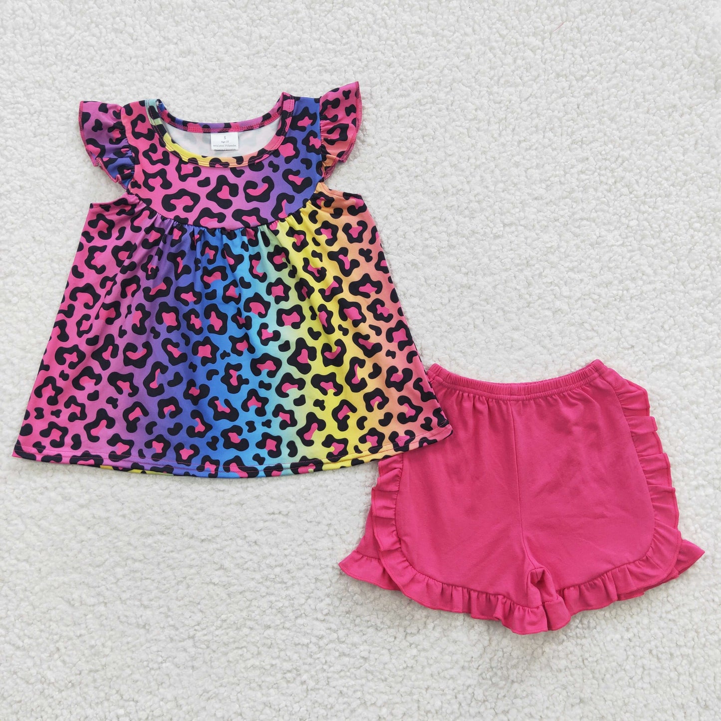 Girls colorful leopard top hot pink shorts summer outfits GSSO0299