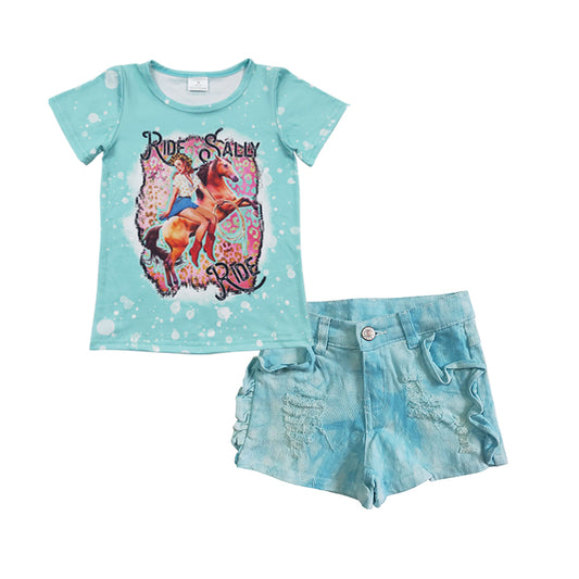 Girls RIDE SALLY RIDE top aqua denim summer shorts western outfits GSSO0301