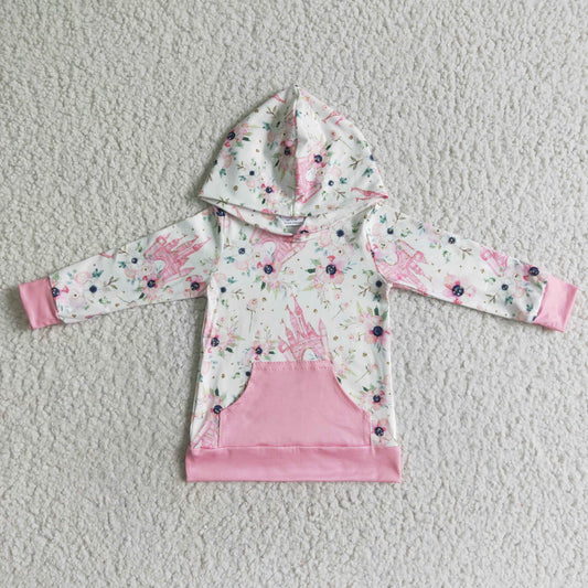 (Promotion) Pink Castle Print Pocket Girls Long Sleeve Hoodie Tops    GT0011