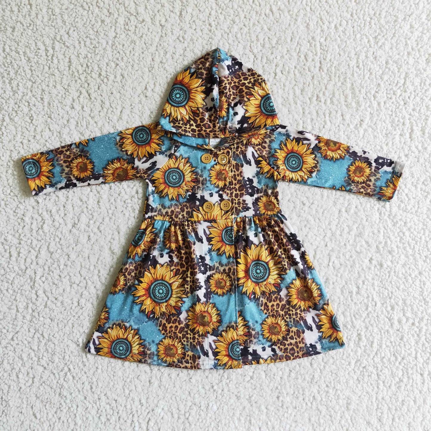 (Promotion)Sunflowers Leopard Western Print Girls Buttons Coat Hoodie Dress     GT0028