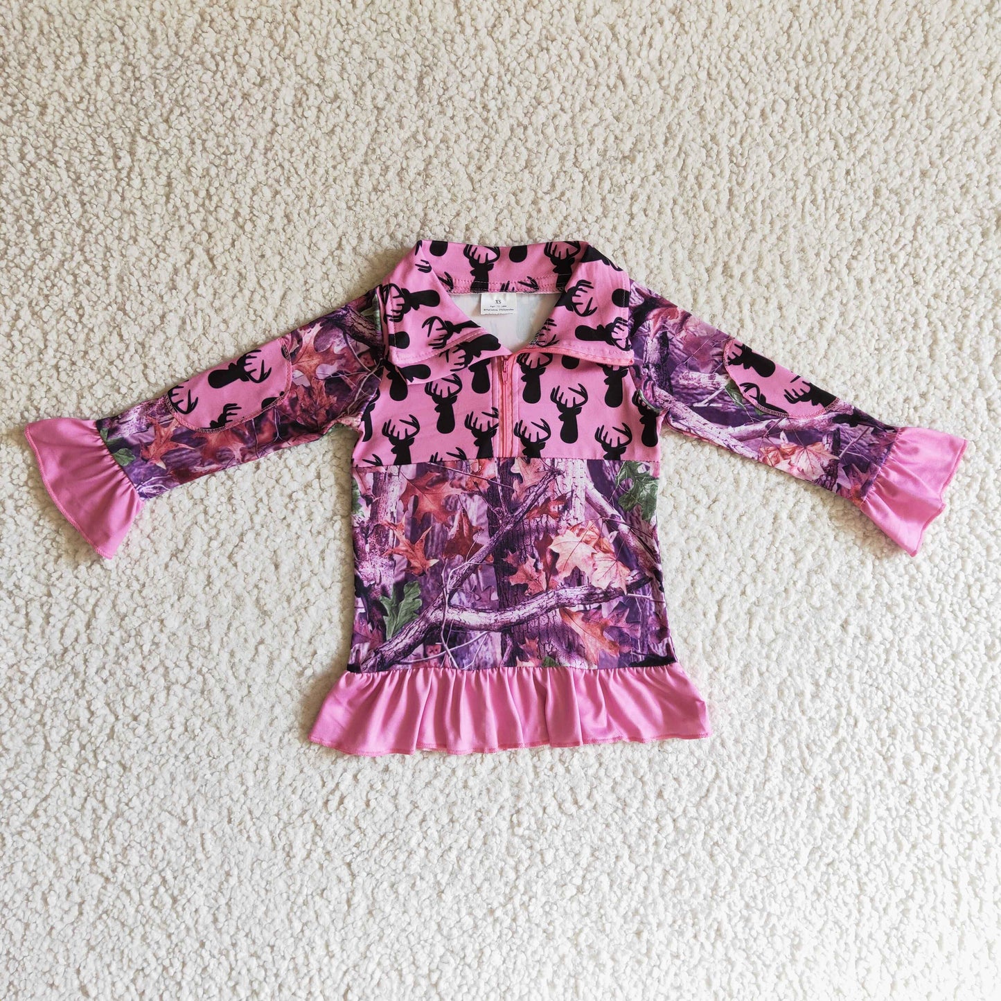 Girls hot pink deer camo print zipper pullover GT0056