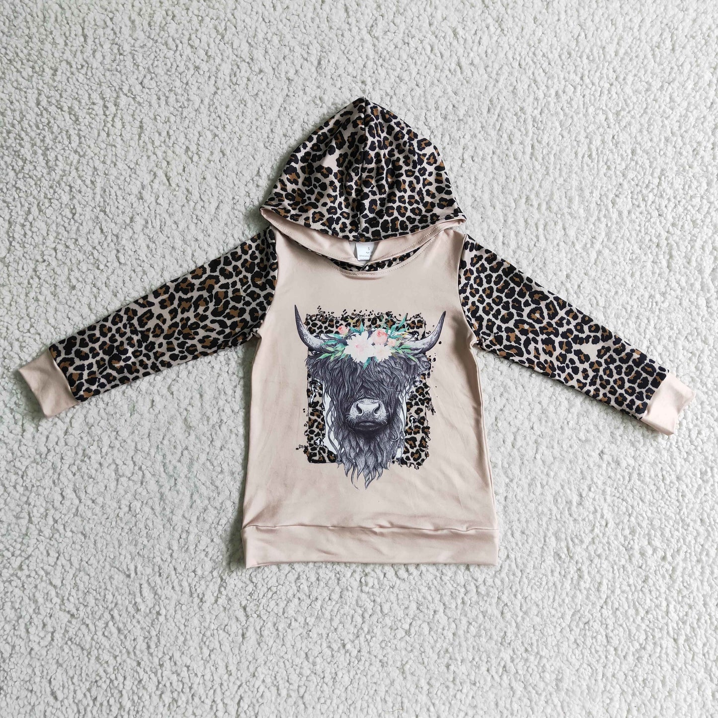 Girls Highland cow design leopard print hooded top GT0069