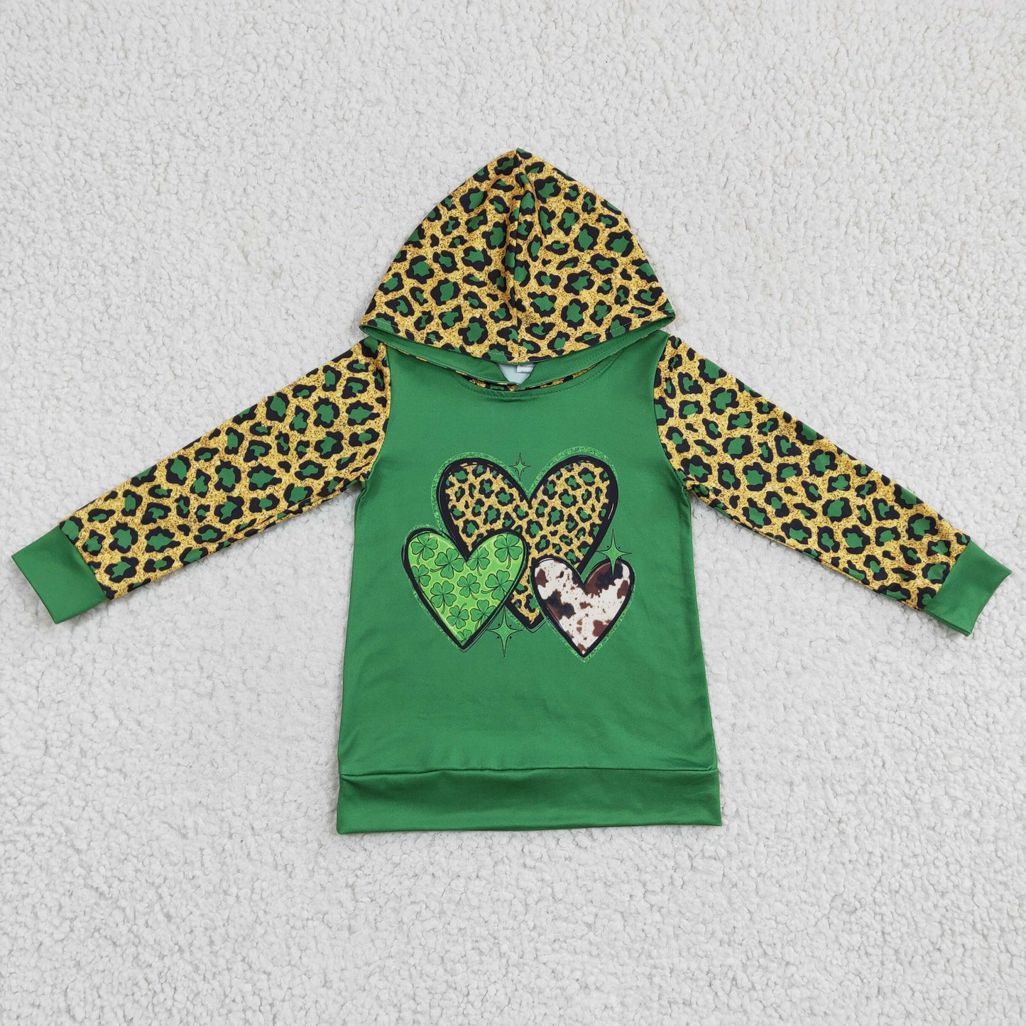 Girls long sleeve heart print leopard St. Patrick's Day hooded top GT0074