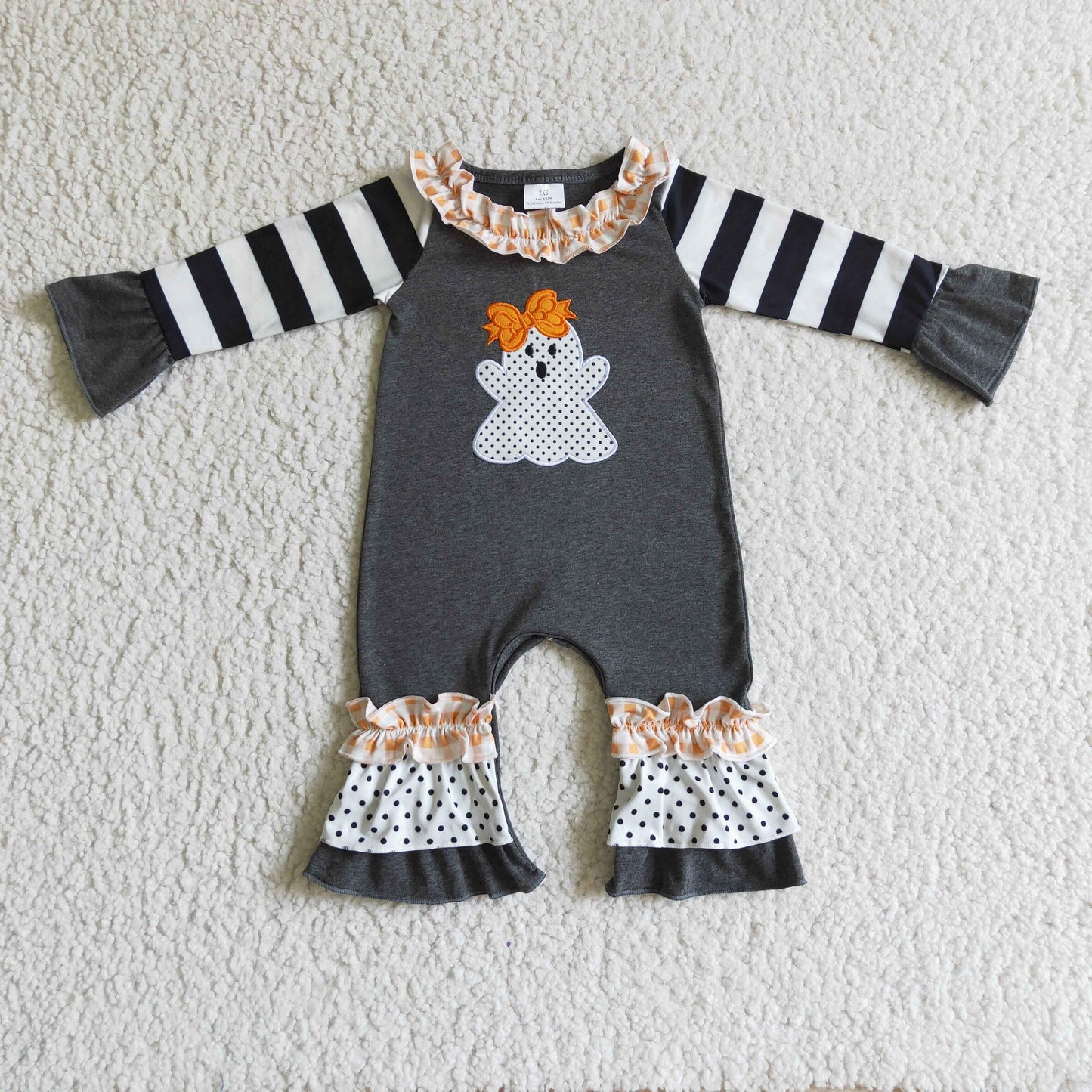 Spooky Embroidery Black Stripes Print Girls Halloween Matching Clothes Sisters Wear
