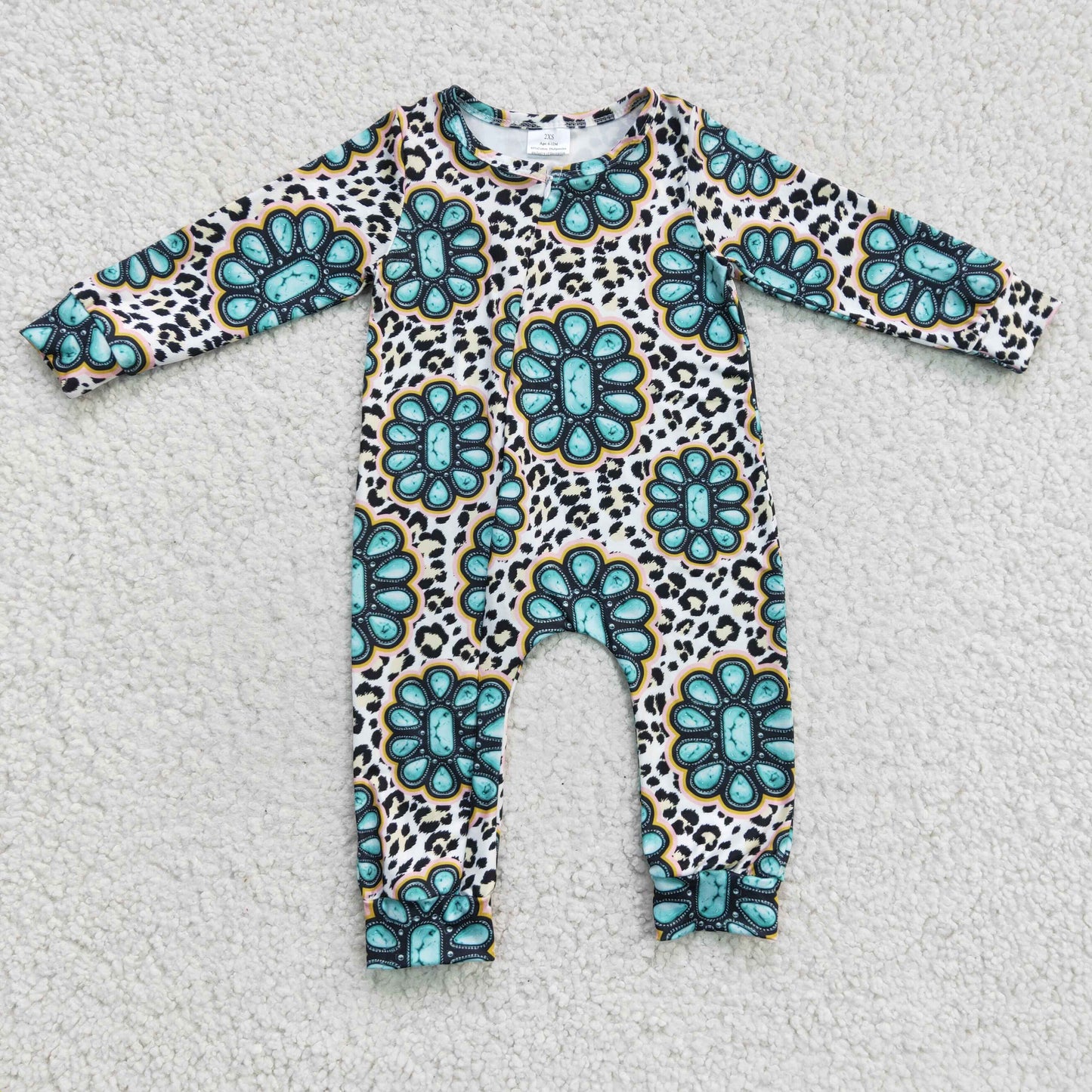 Baby long sleeve turquoise leopard zipper romper LR0254