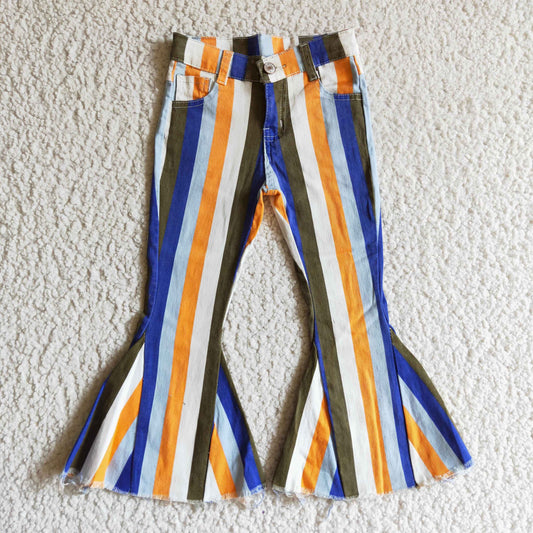 Bell bottom stripes denim pants P0029