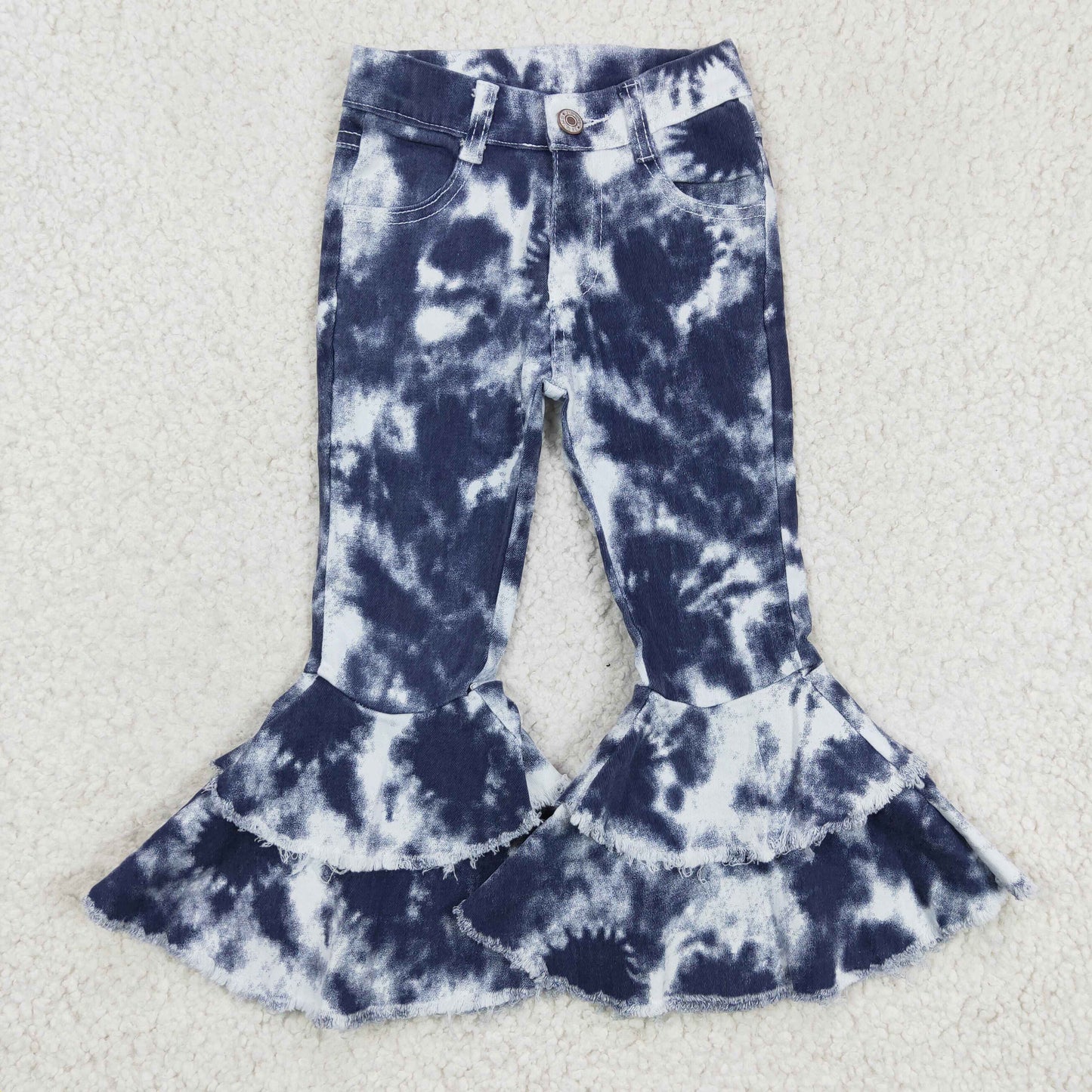 Girls blue tie dye denim bell bottom pants P0035