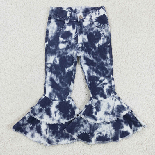 Girls blue tie dye denim bell bottom pants   P0035