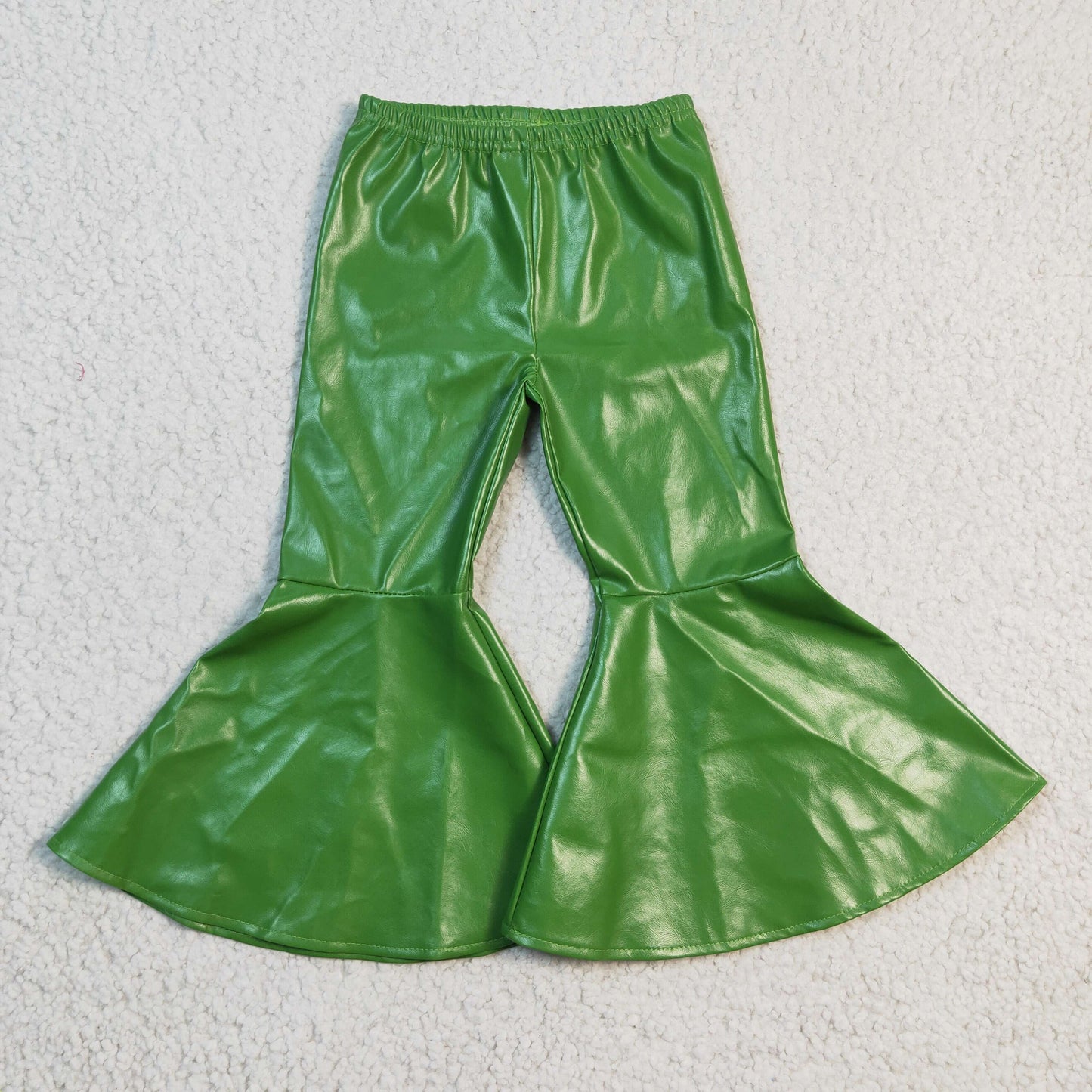 Girls green leather ruffle bell pants P0051