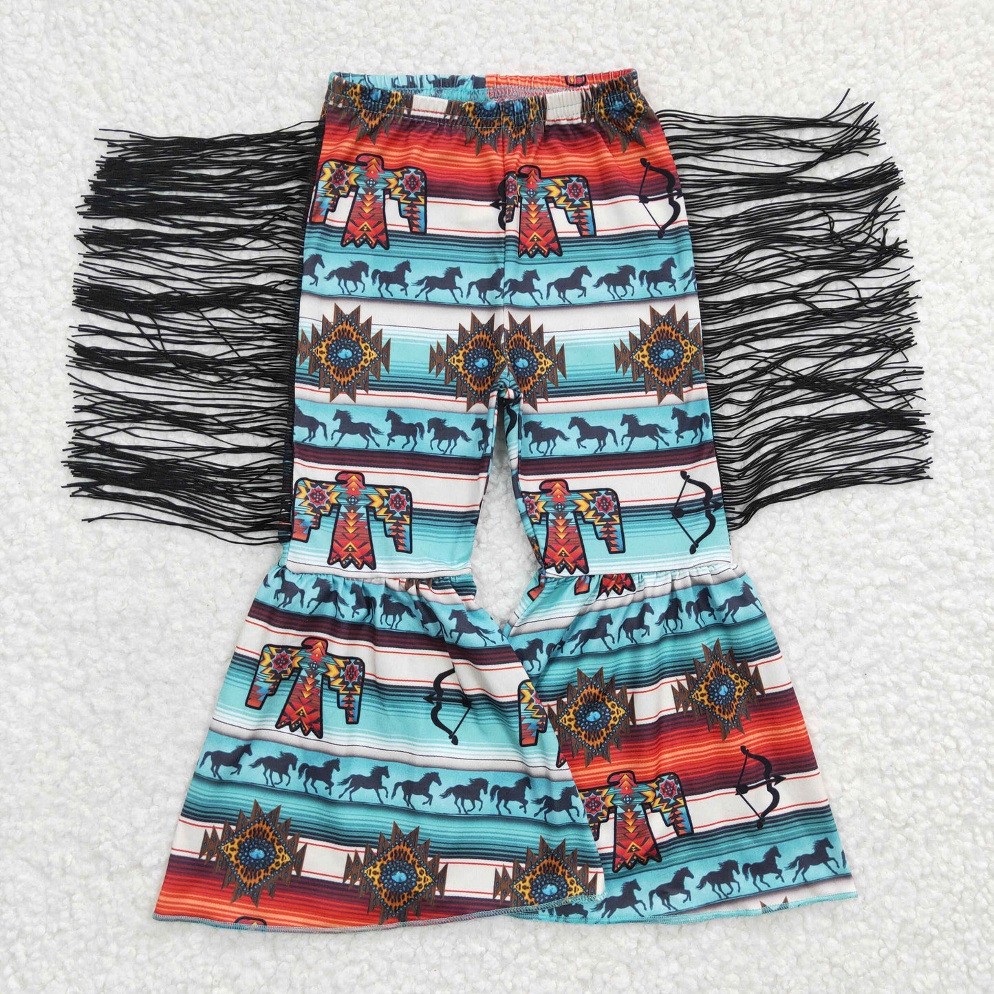 Girls stripes print tassels western bell bottom pants P0081