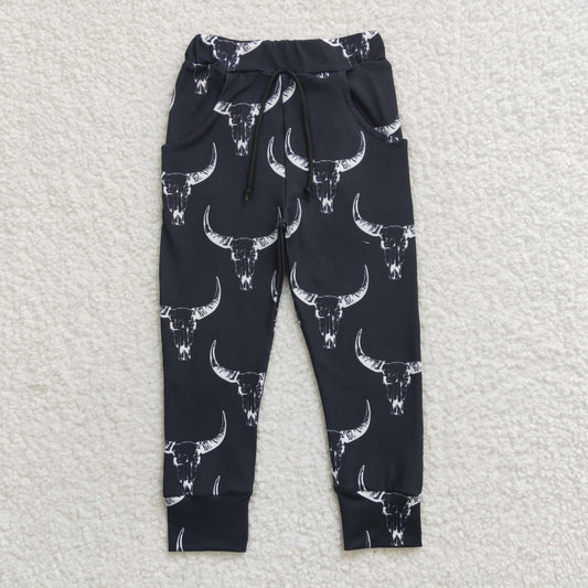 Kids black cow skull print Western pants P0091