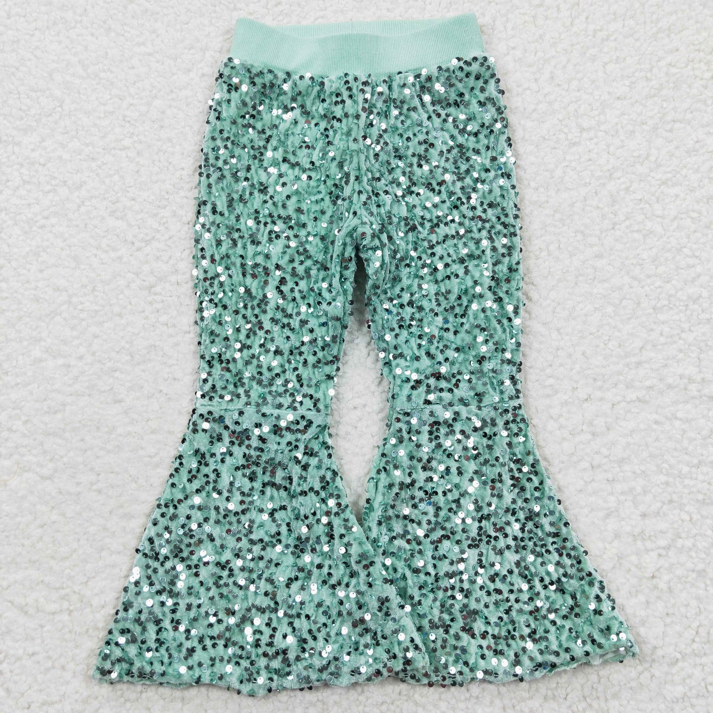 Girls green sequin bell bottom pants P0109