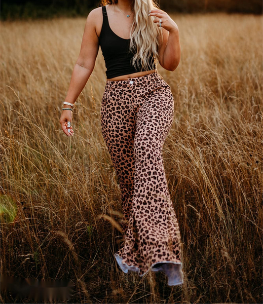 Adult denim leopard bell bottom jeans    P0117