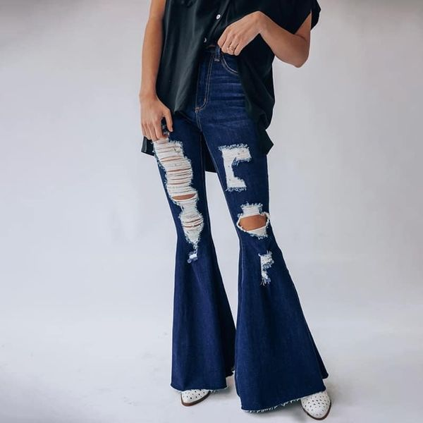 Adult navy denim Hole bell bottom jeans P0118