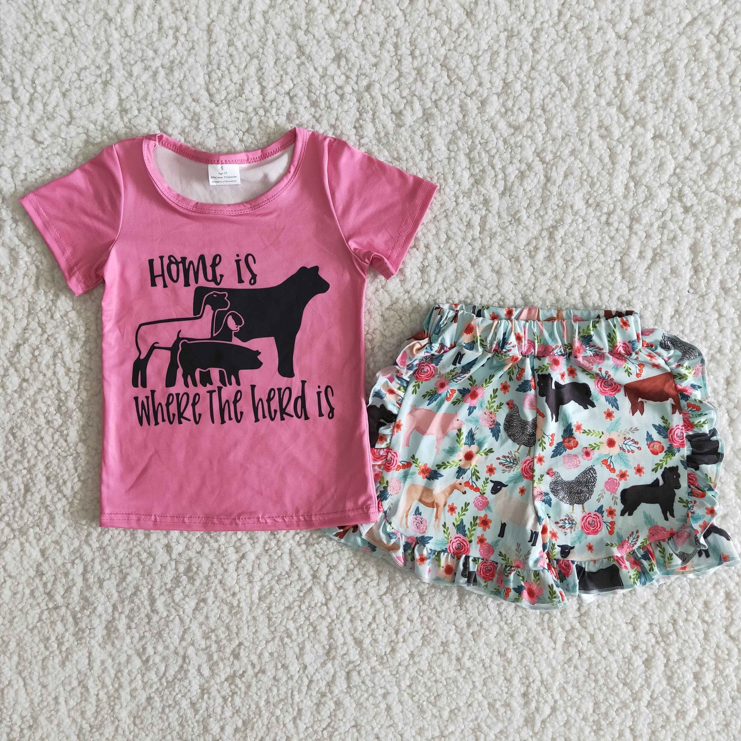 (Promotion)B5-22 Home is where the herd is print hot pink top flowers shorts summer outfits