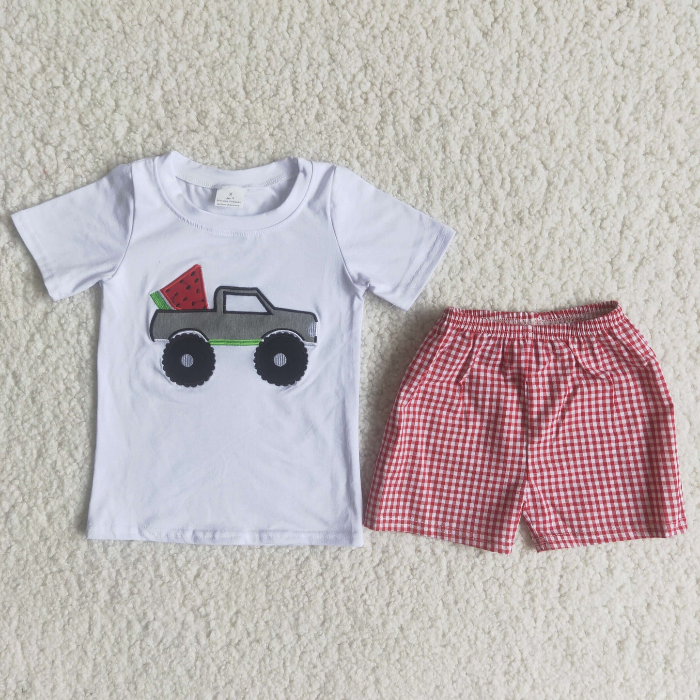 (Promotion)C15-3 Boys watermelon truck embroideried red plaid shorts summer outfits