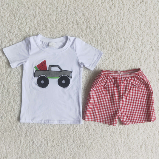 (Promotion)C15-3 Boys watermelon truck embroideried red plaid shorts summer outfits
