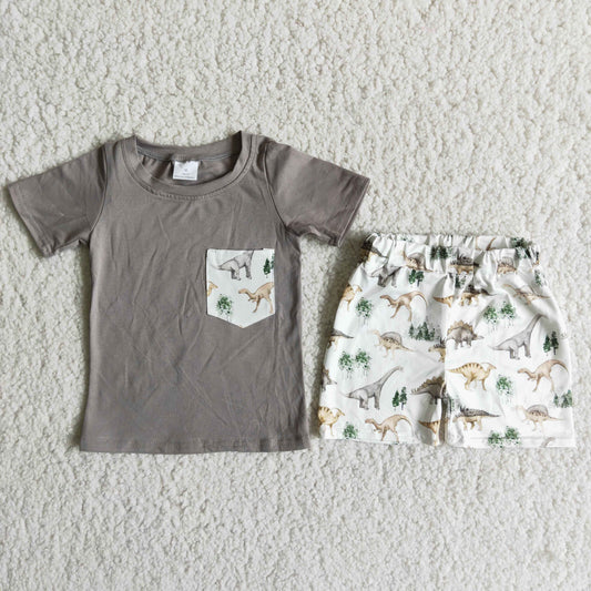 (Promotion)D11-12Boys gray cotton top dino print summer short outfits