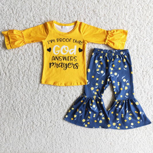 (Promotion)God Answers Prayers Flowers Bell Pants Girls Fall Outfits   6 A3-30