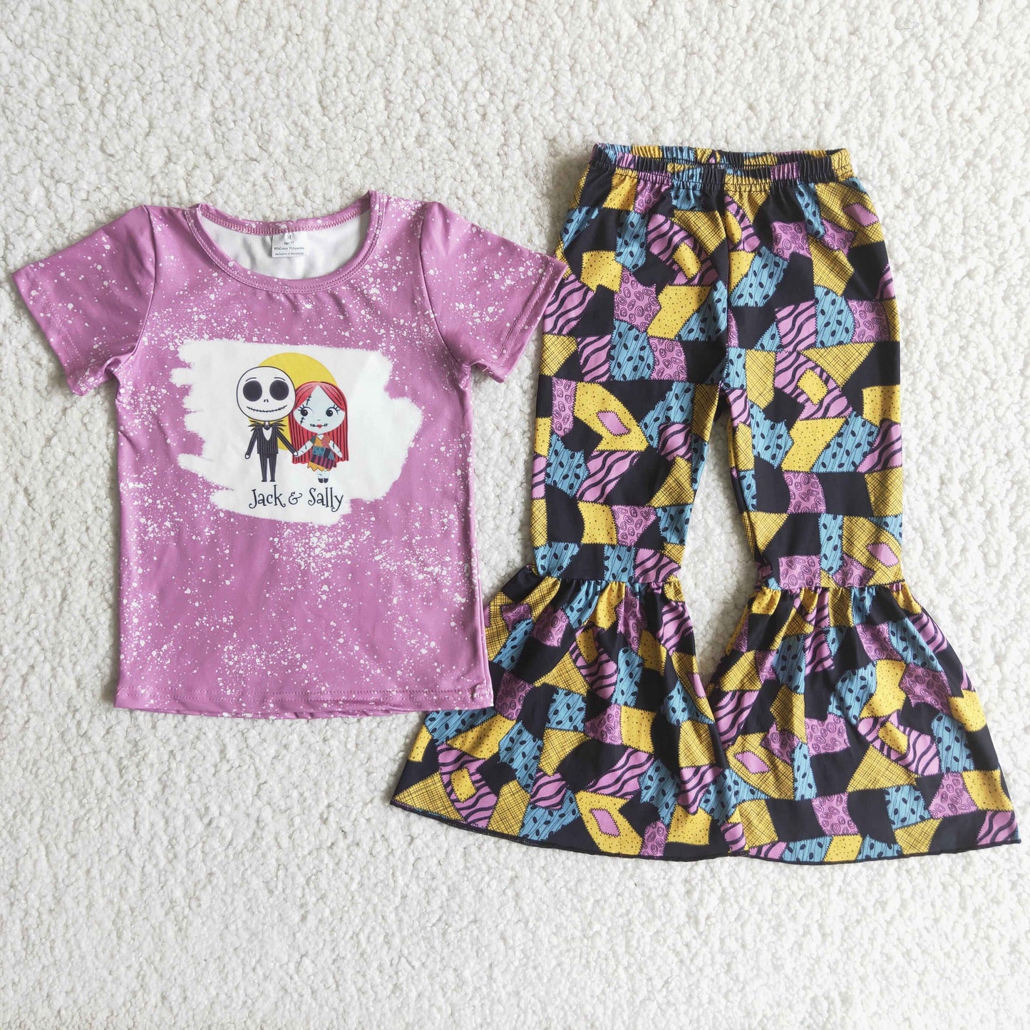 Purple bleached top patchwork print bell pants girls Halloween outfits C9-13