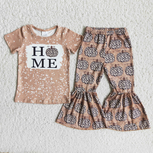 (Promotion)A10-13 Home Leopard Pumpkin Top Bell Pants Girls Fall Clothes set