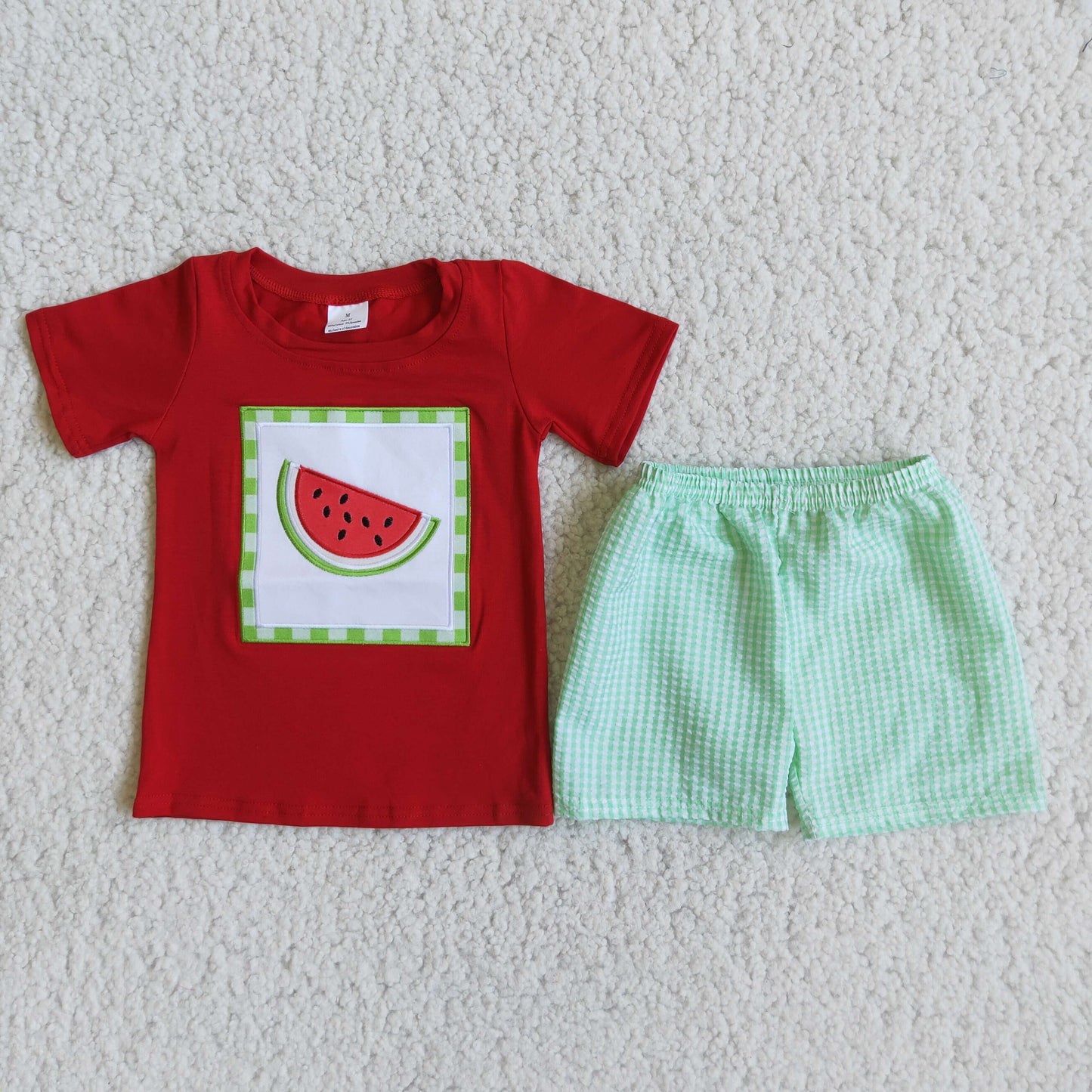 (Promotion)D5-11 Boys red top watermelon embroidery green plaid shorts summer outfits