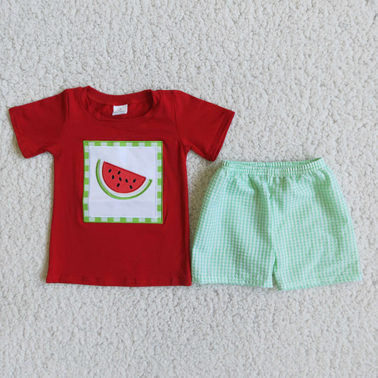 (Promotion)D5-11 Boys red top watermelon embroidery green plaid shorts summer outfits