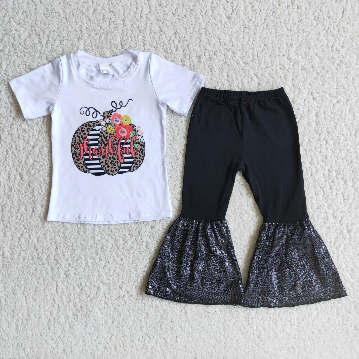 (Promotion) Thankful pumpkin top sequin ruffle pants girls fall outfits C4-14