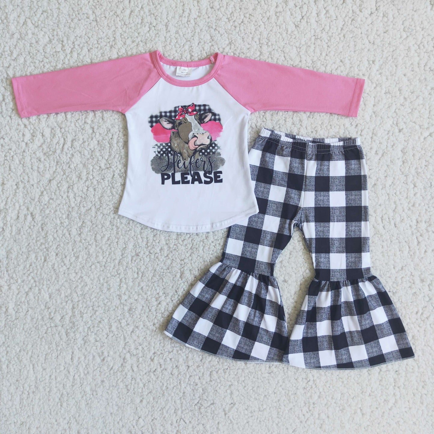(Promotion)6 A25-29 Pink Heifer Please Top Black Plaid Pants Girls Clothes Sets