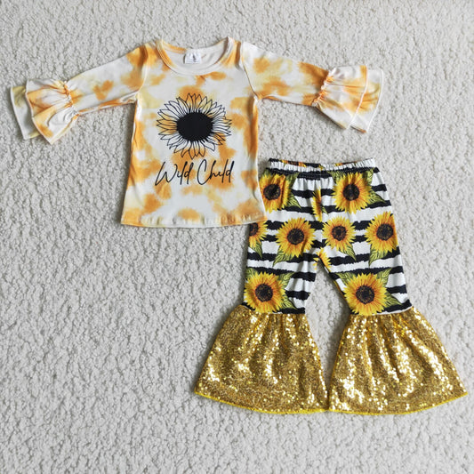 (Promotion) 6 A10-13Long sleeve bell bottom sequin ruffle pants outfits