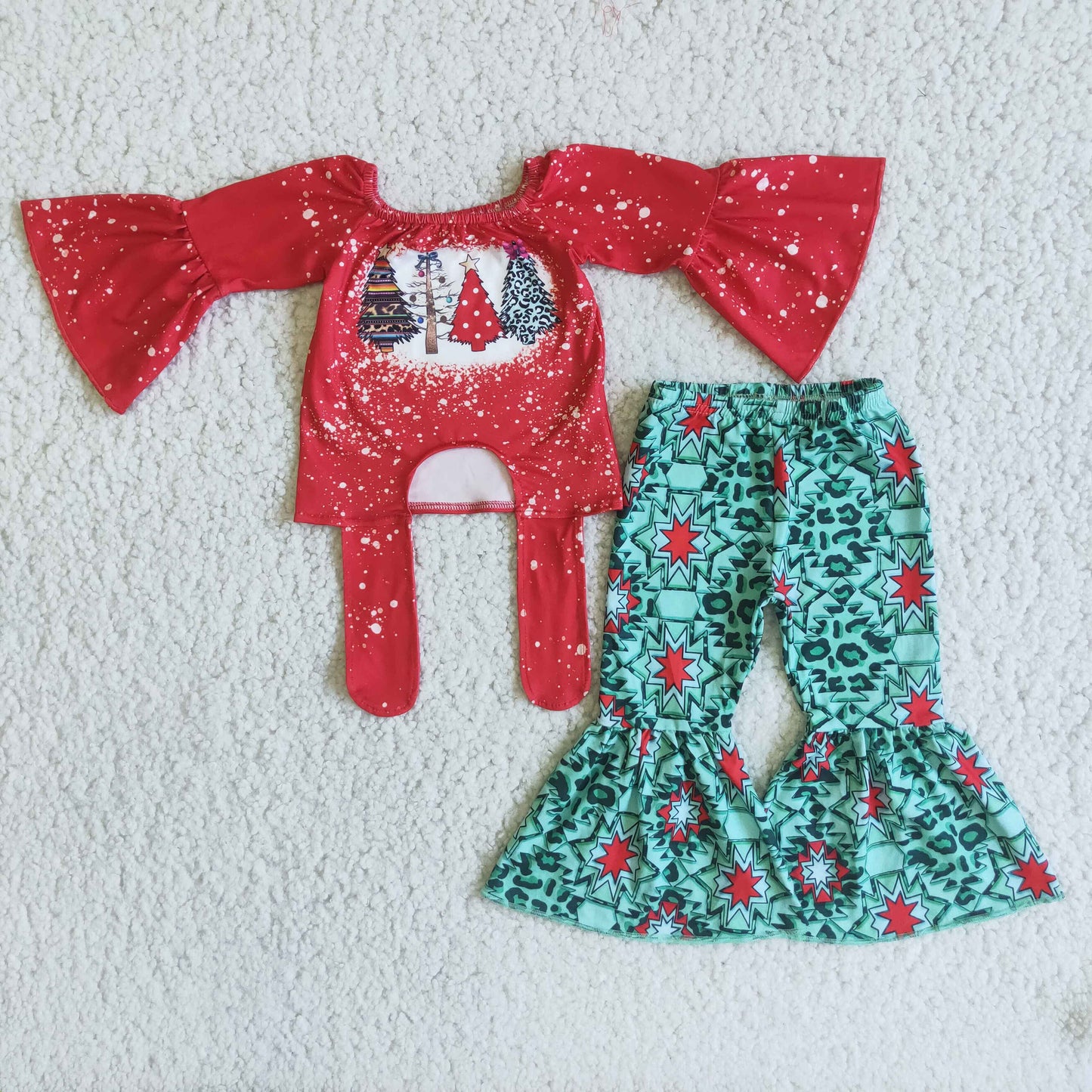 (Promotion) 6 B10-4 Turquoise Christmas Tree Bell Pants Girls Clothes Sets