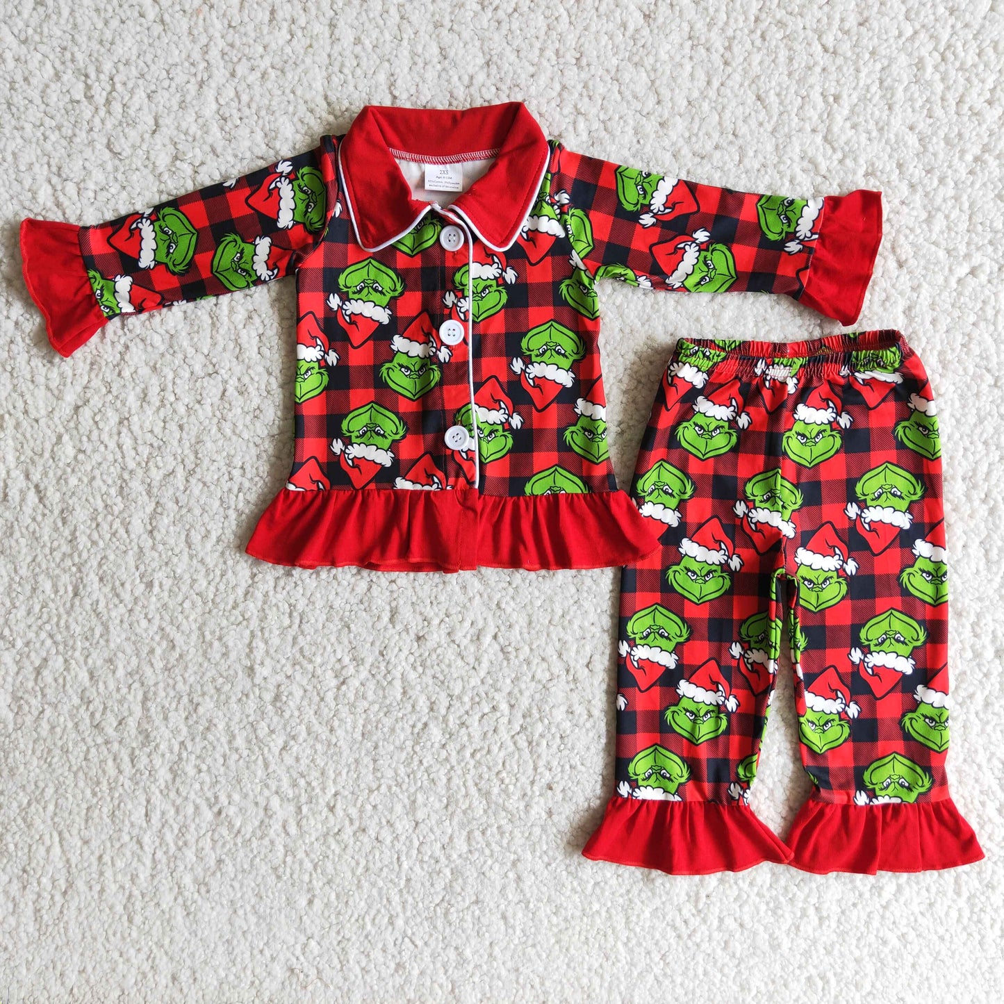 Green Frog Plaid Print Girls Buttons Christmas Pajamas Clothes Set 6 A19-15