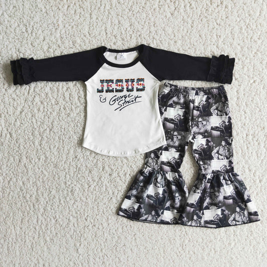 (Promotion)6 A16-13 Black Jesus Top Bell Pants Girls Fall Outfits
