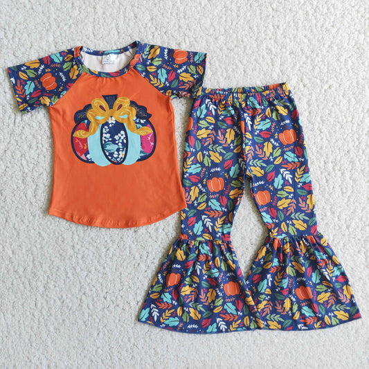 (Promotion) E1-3 Pumpkin Top Flowers Bell Pants Girls Fall Outfits