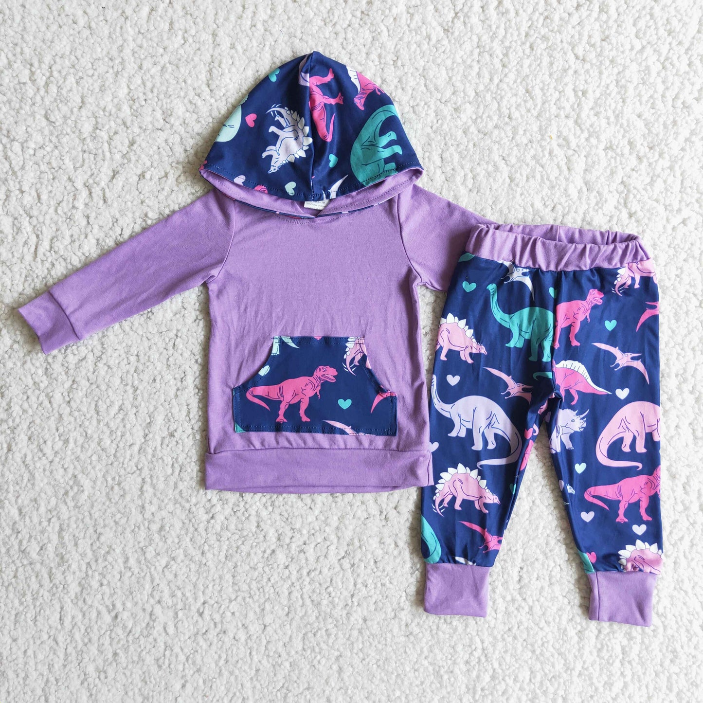 Girl's purple dinosaur print hooded outfits 6 A18-2
