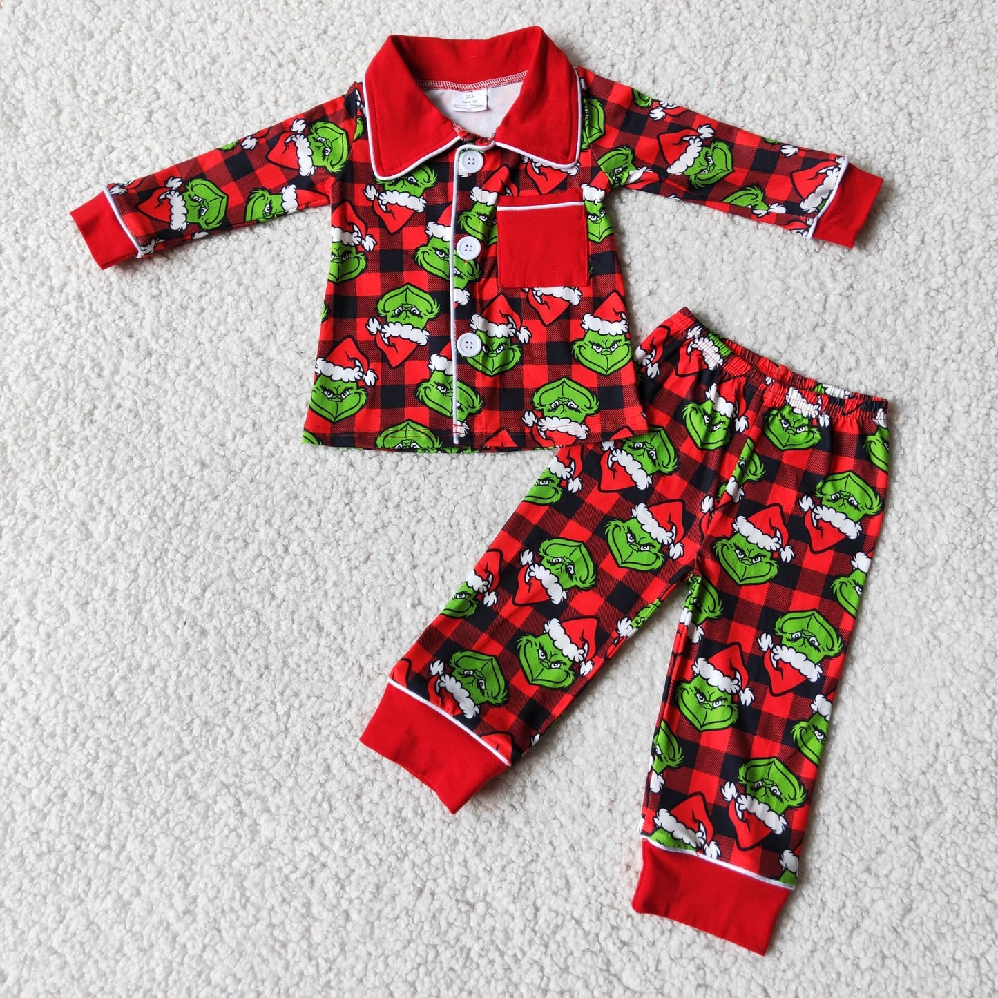 Green Frog Plaid Print Pocket Boys Buttons Christmas Pajamas Clothes Set 6 B1-25
