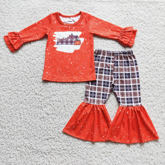 (Promotion) 6 C7-18 Kentucky Pumpkin Top Plaid Bell Pants Girls Fall Outfits