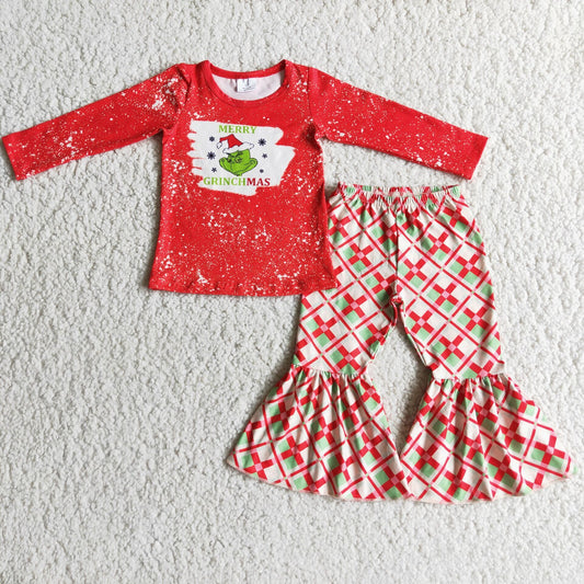 (Promotion) 6 C7-3 Merry Christmas Green Frog Top Plaid Bell Pants Girls Christmas Outfits