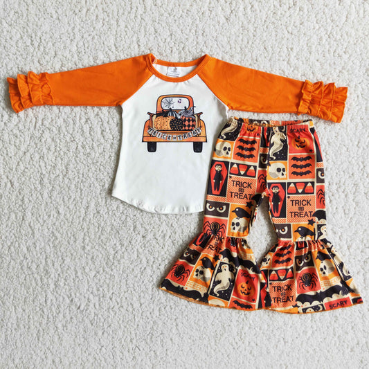 (Promotion) Pumpkin Long Sleeve Top Bell Pants Girls Halloween Outfits   6 A7-30