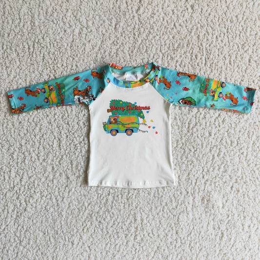 (Promotion)6 A16-3 Merry Christmas Cartoon Dog Tree Print Boys Raglan Sleeve Tee Shirts Top