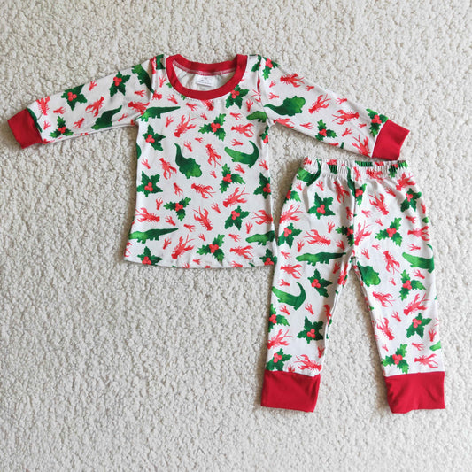 (Promotion)6 C9-19 Crocodile Crayfish Holiday Print Boys Christmas Pajams Outfits