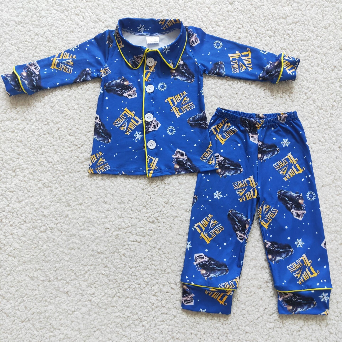 Blue Train Print Boys Buttons Christmas Pajamas Clothes Set 6 A11-19